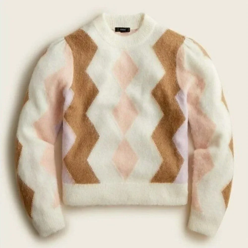 J. Crew Diamond-Checked Argyle Cropped Alpaca Blend Crewneck Sweater M
